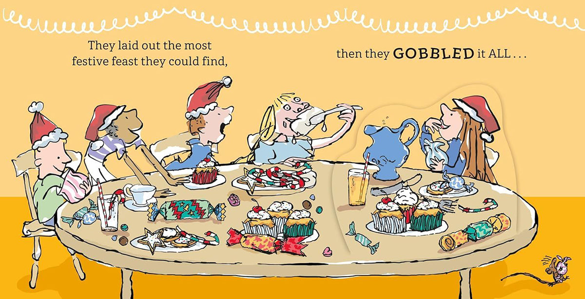 A whimsical illustrated Christmas table scene with cartoon children in Santa hats eating and drinking at a table covered in candy, cupcakes, and treats. 