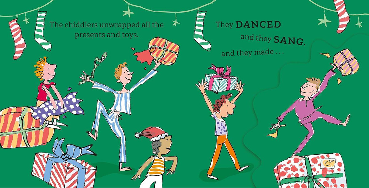 A colourful Christmas-themed illustration on a green background showing several children wrapping and opening presents, with stockings, gifts.