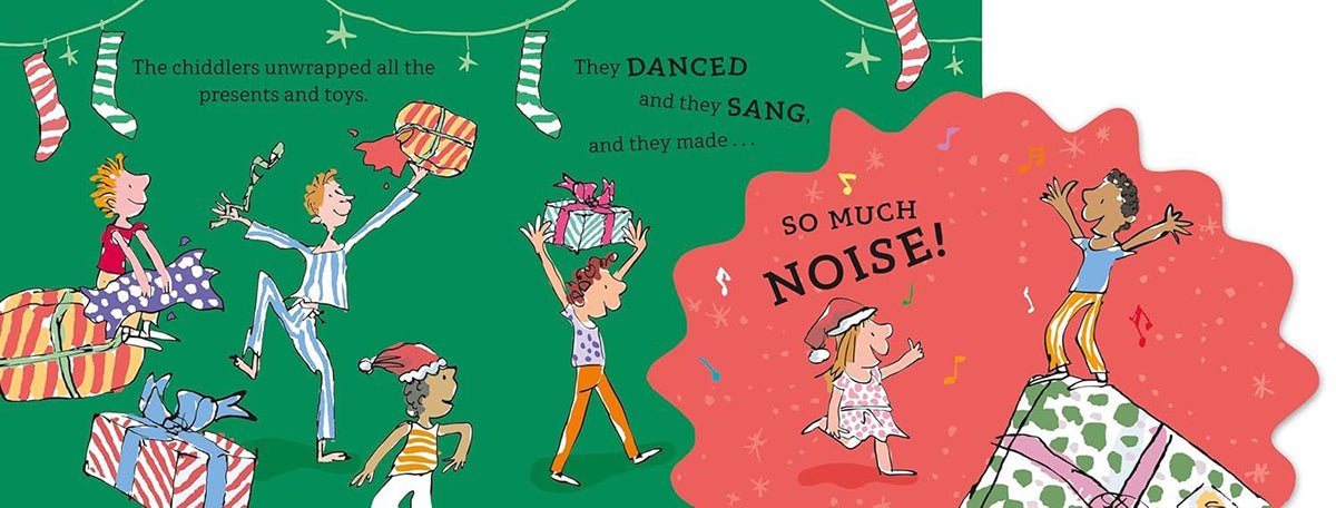A colourful children's book or activity page illustration with illustrated children wrapping presents, dancing, and singing on a green background with a large red speech-bubble-like shape reading 'SO MUCH NOISE!'.