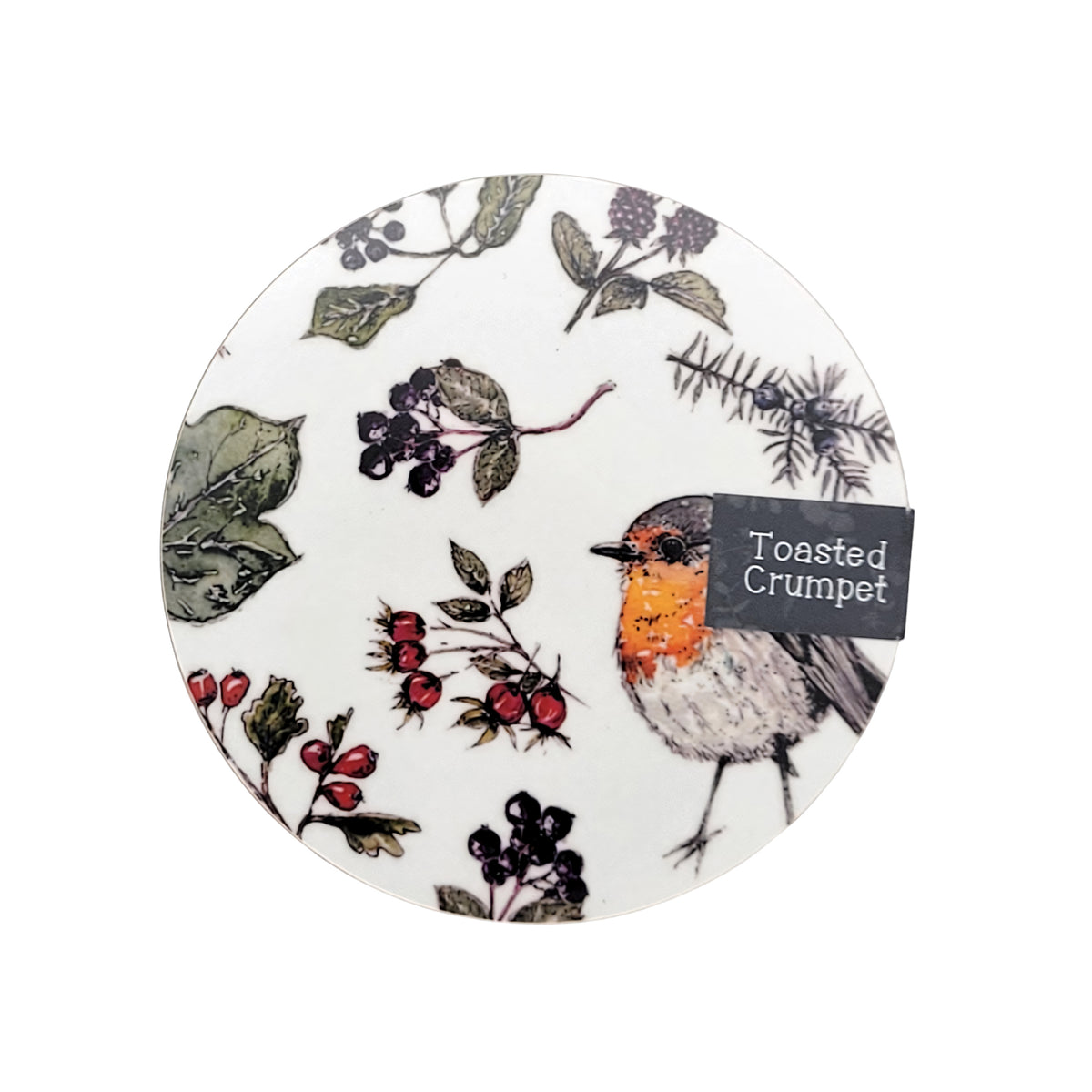 A round white coaster featuring a winter botanical pattern with red berries, green leaves, and a robin bird, with a dark gray paper label reading 'Toasted Crumpet' on the right side.