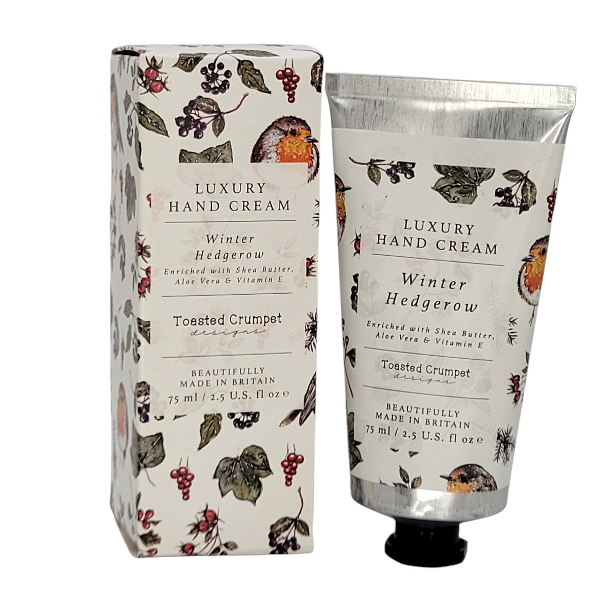 A tube and matching box of Luxury Hand Cream from Hedgerow, featuring a winter-themed botanical illustration pattern with crumpet, mistletoe, and berries on a white background.