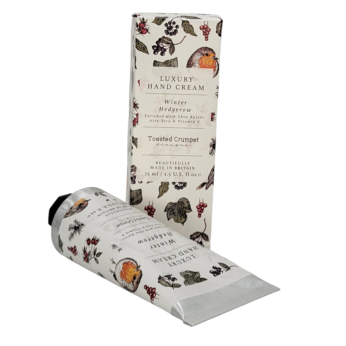 A tube and box of Luxury Hand Cream in the Winter Hedgerow / Toasted Crumpet scent, decorated with botanical illustrations of leaves, berries, and orange fruits on a white background.
