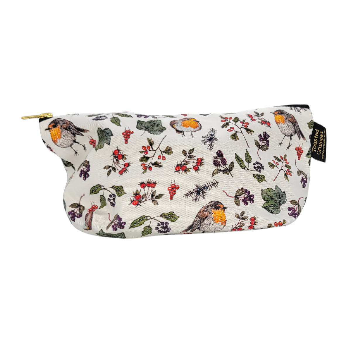 A fabric zippered pouch with a white background and an all-over print of robins, berries, and leaves. The pouch has a gold zipper pull and a black fabric brand tag on the right side.