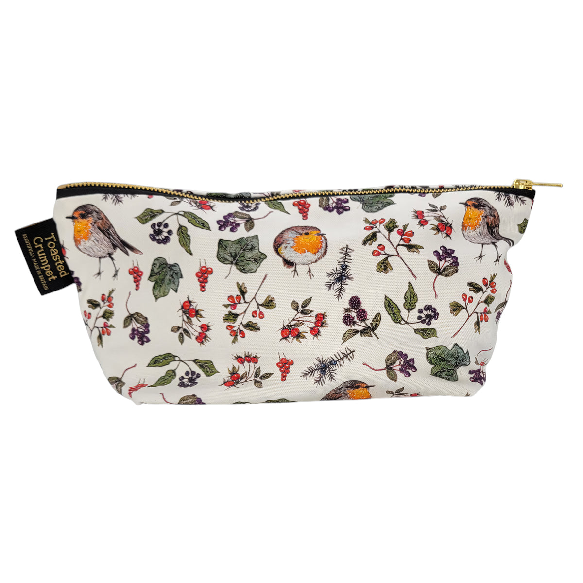 A rectangular zippered pouch with a white background and an all-over print of robins, berries, and leaves. A black fabric tag on the left side.