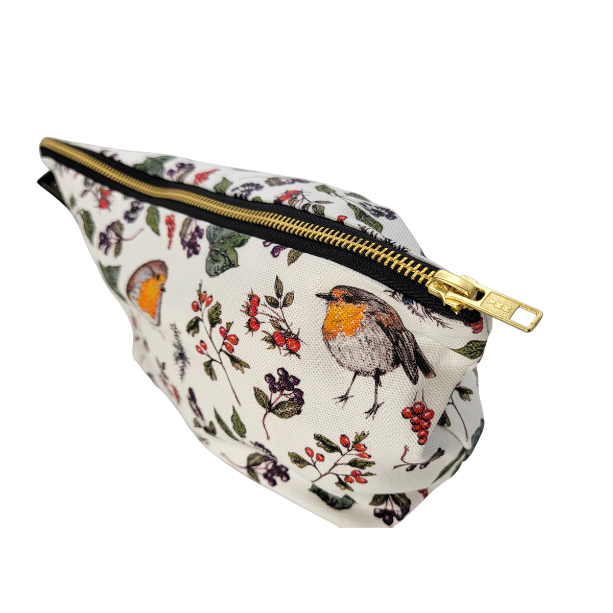 A canvas zippered pouch featuring a detailed print of robins and winter berries on an off-white background, with a gold zipper.