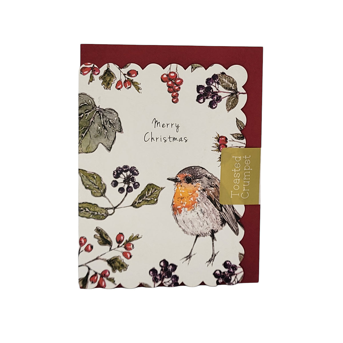 A Christmas greeting card featuring a robin bird, holly leaves, and red berries on an off-white background with a scalloped border. The card is labeled 'Merry Christmas'.