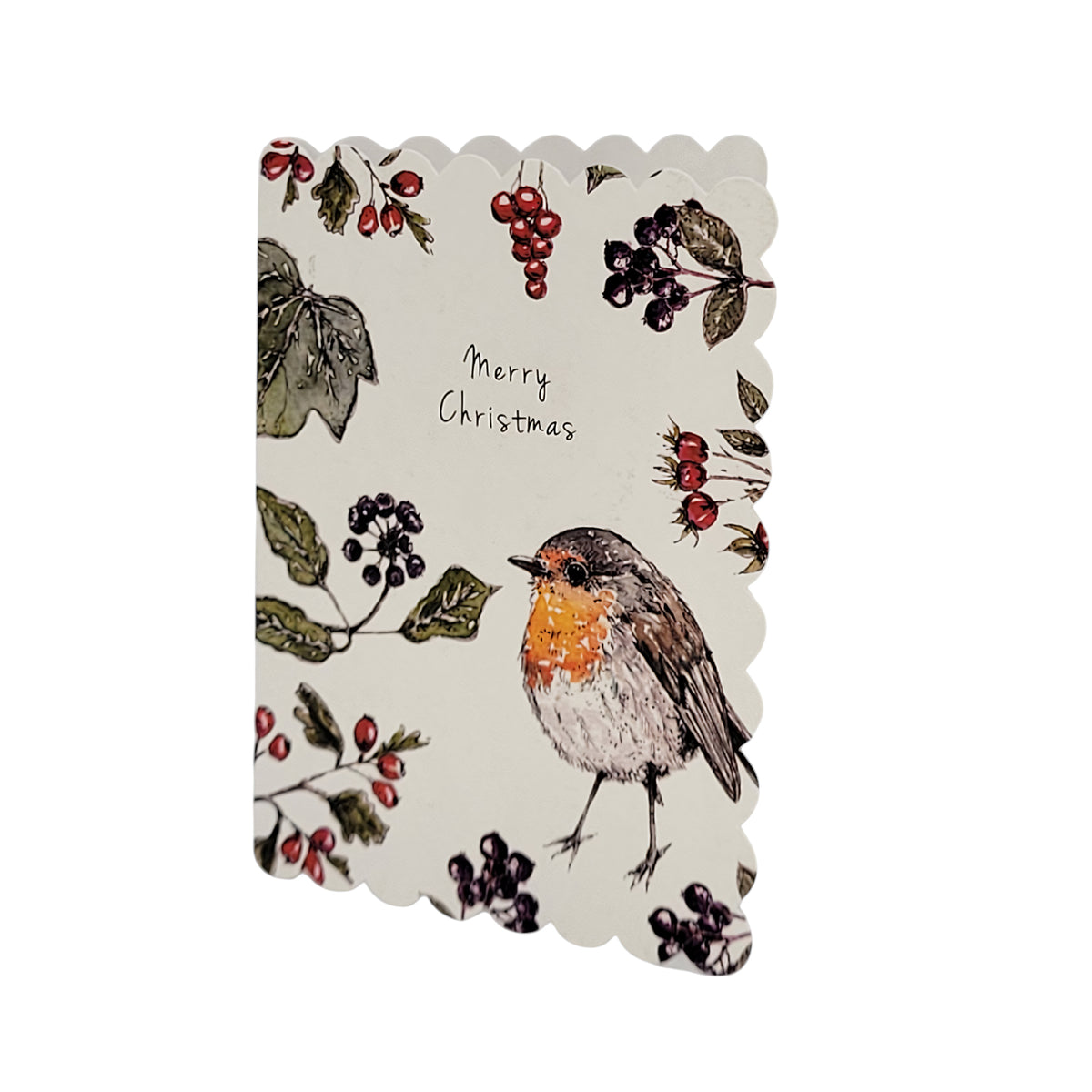 A scalloped-edge Christmas greeting card featuring an illustration of a robin bird and winter berries on an off-white background, with the 'handwritten' style text 'Merry Christmas'.