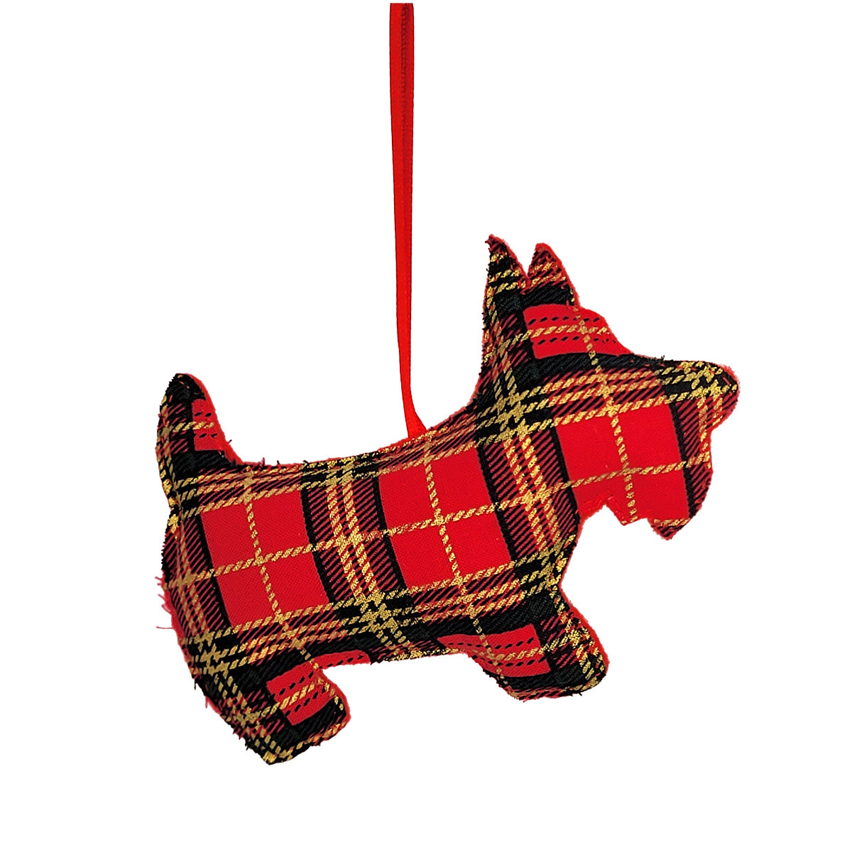 A fabric dog-shaped ornament in a red, black, and gold plaid pattern, hanging from a red ribbon against a plain white background.