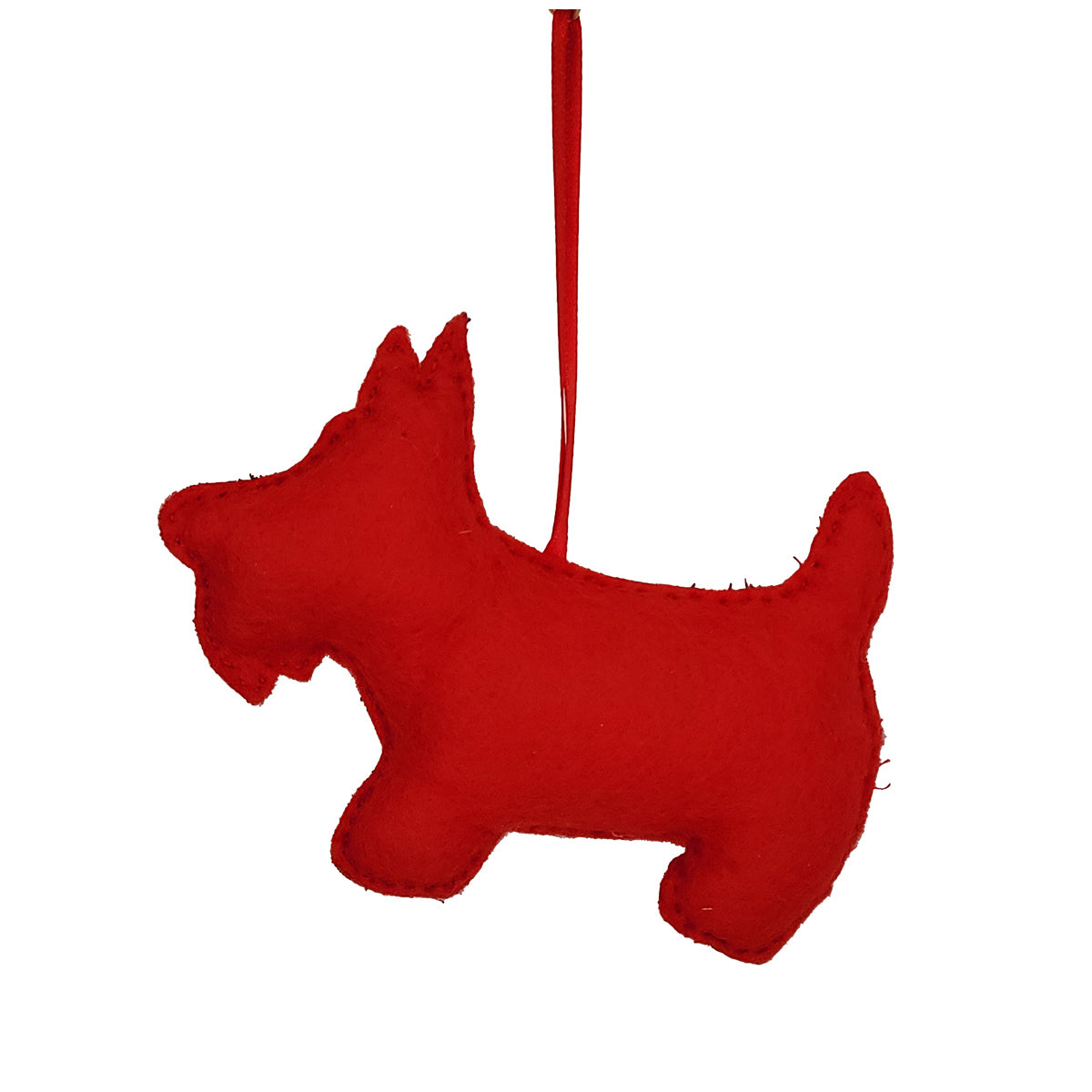 A red felt Scottish Terrier dog hanging ornament with a red hanging ribbon, shown against a plain white background.
