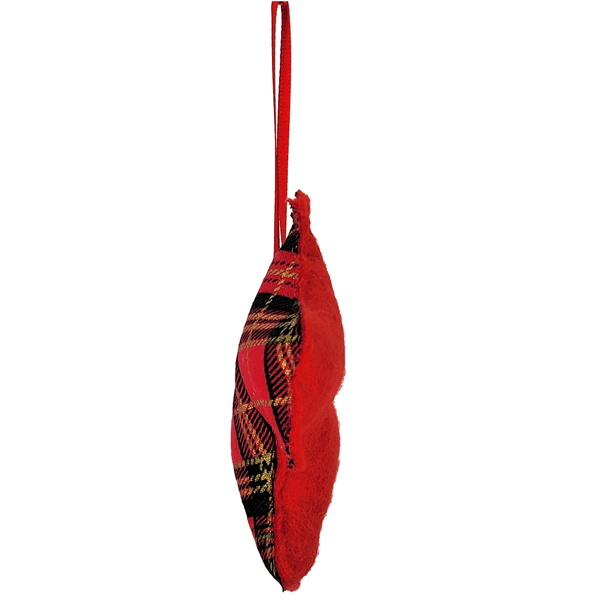 A red decorative ornament Scottie Dog with a plaid pattern on one side and a fuzzy red texture on the other, featuring a red hanging loop at the top, shown against a plain white background.
