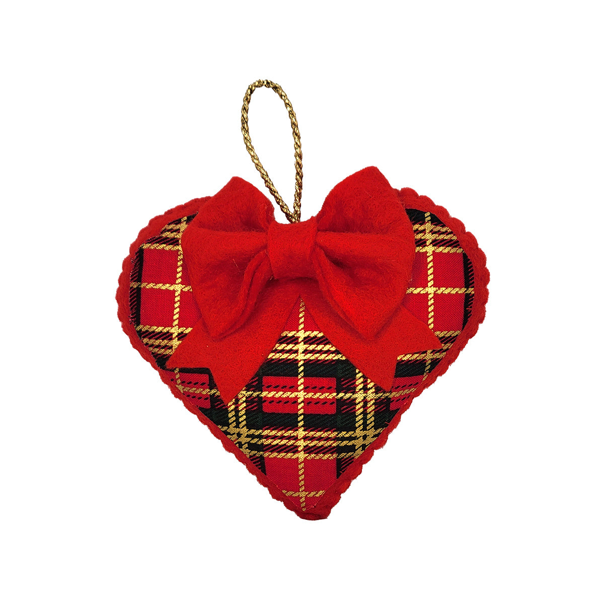 A heart-shaped Christmas ornament made of red, gold and dark green tartan plaid fabric with a large red felt bow on top and a gold hanging string, shown on a plain white background.