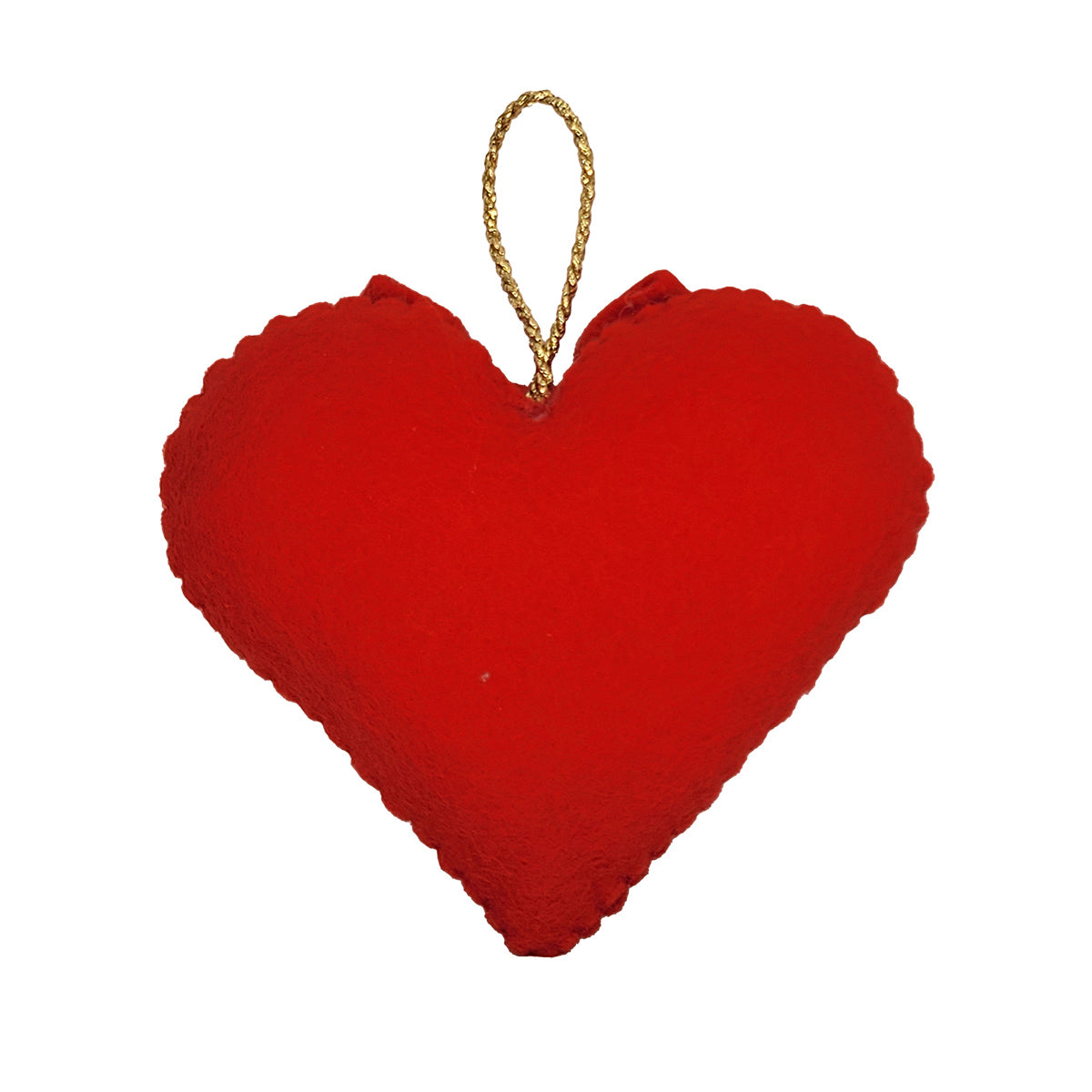 A red felt heart-shaped hanging ornament with a gold-colored twisted string loop at the top, shown against a plain white background.