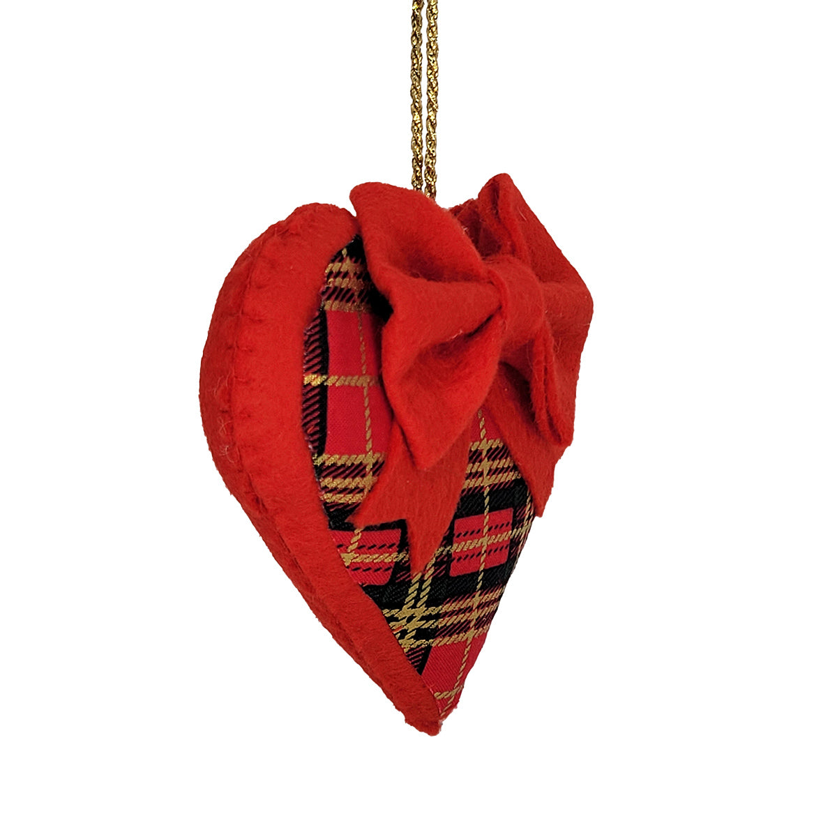 A red felt heart-shaped hanging ornament with a large red bow on top and a red, dark green, and gold tartan plaid pattern visible inside, suspended by a gold string against a plain white background.