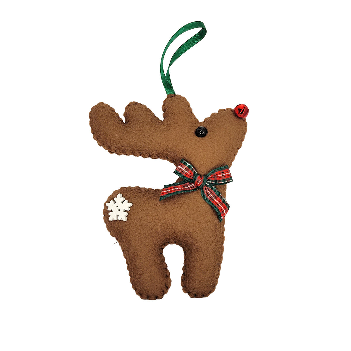 A brown felt reindeer Christmas ornament with a green hanging ribbon, a red button nose, a red and green plaid bow around its neck, and a white wooden snowflake on its side, shown on a plain white background.