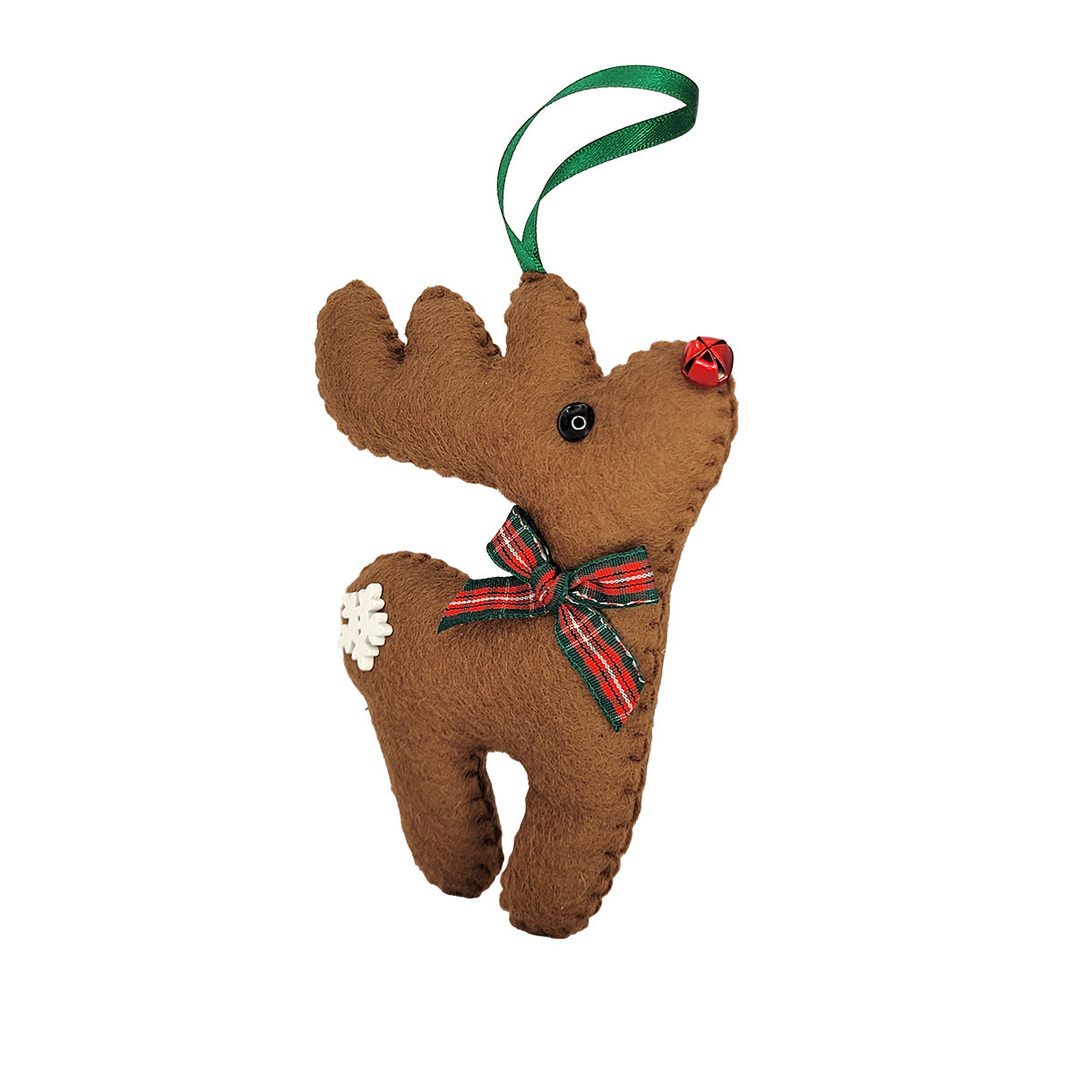 A brown felt Christmas reindeer ornament with white accents, a red nose, a green hanging ribbon, and a red and green plaid bow around its neck, shown on a plain white background.