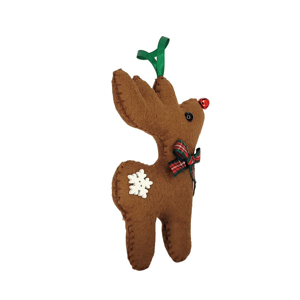 A brown felt Christmas reindeer ornament with antlers, a red bell nose, a plaid bow, and a white snowflake on its side, shown against a plain white background.