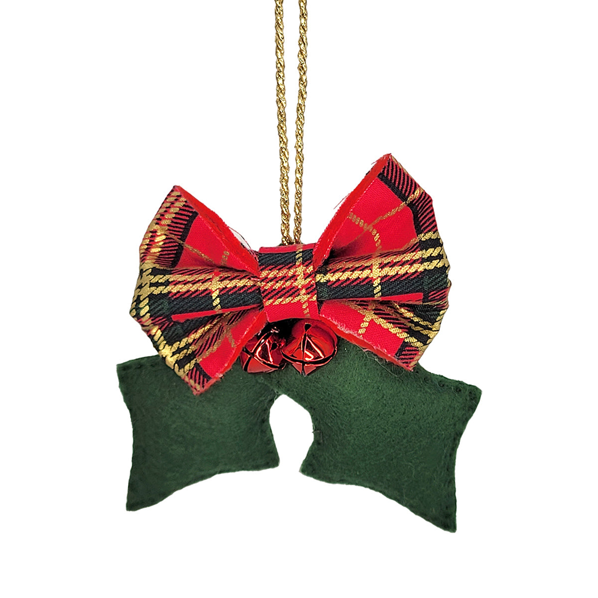 A Christmas ornament shaped like a holly leaf, featuring dark green felt edges, a red and black plaid ribbon bow at the top, and two small red jingle bells, hanging from a gold chain against a white background.