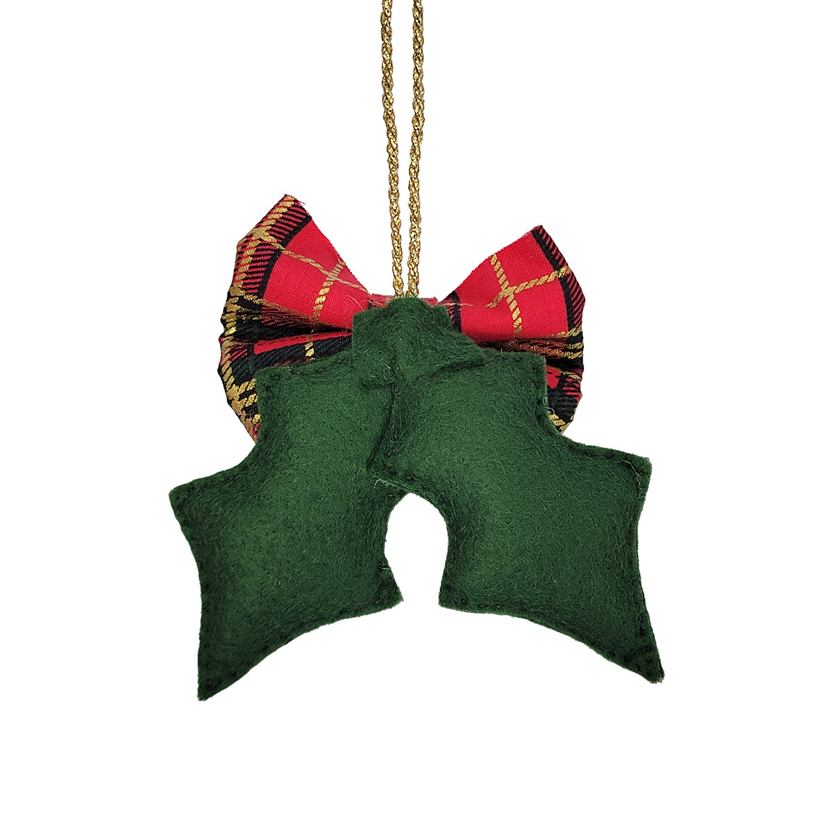 A green felt holly ornament with a red and black plaid bow and a gold hanging string, shown against a plain white background.