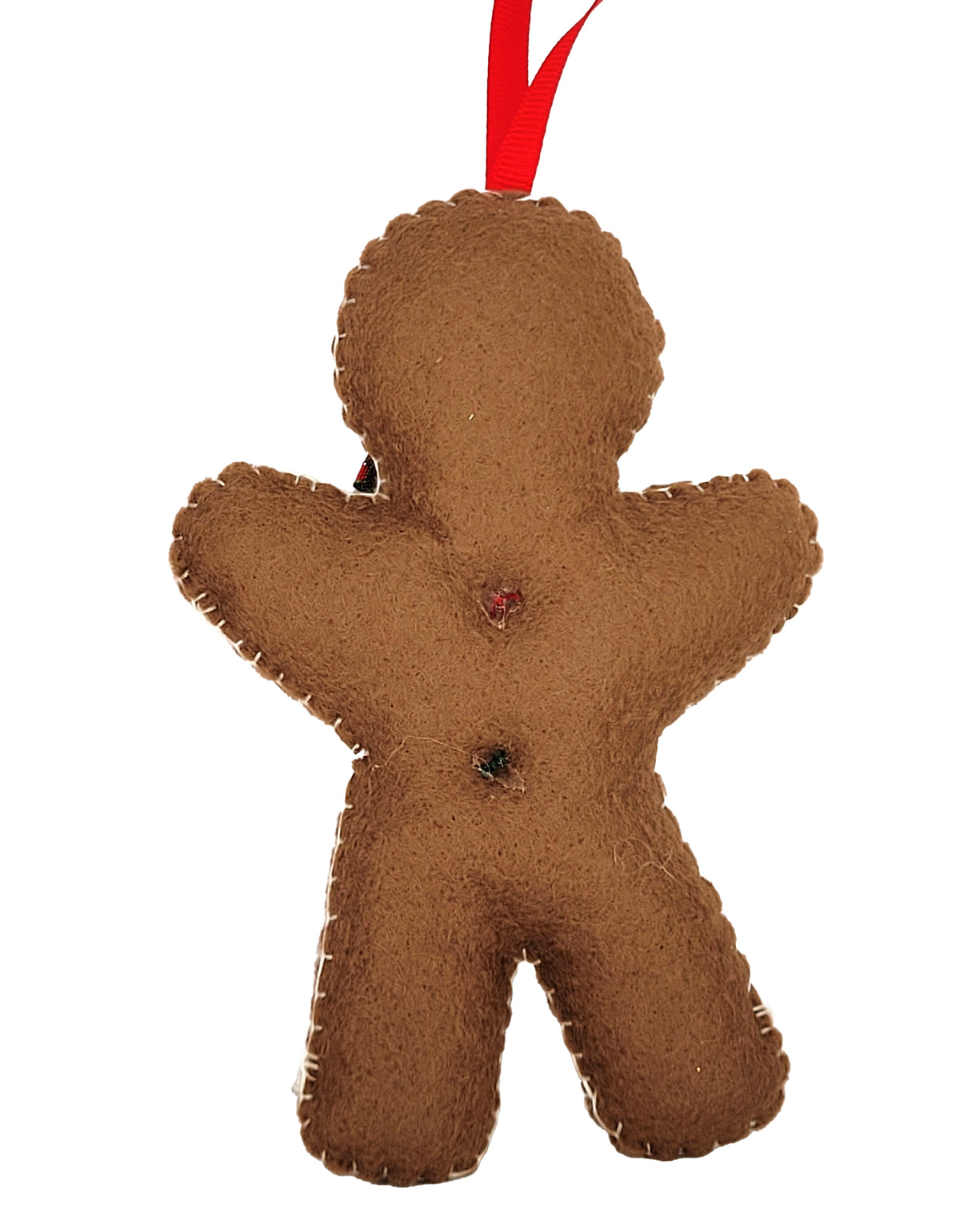 A brown felt gingerbread man Christmas ornament with a red hanging ribbon, shown against a plain white background.