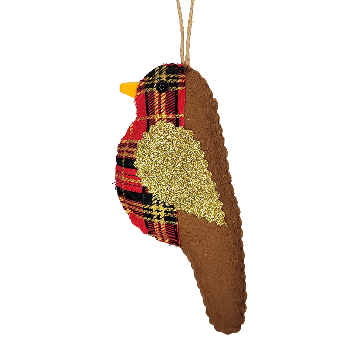 A handmade Robin hanging ornament made from brown felt, red and dark green plaid fabric, glittery gold fabric for the wings, a small yellow beak, and a hanging string.