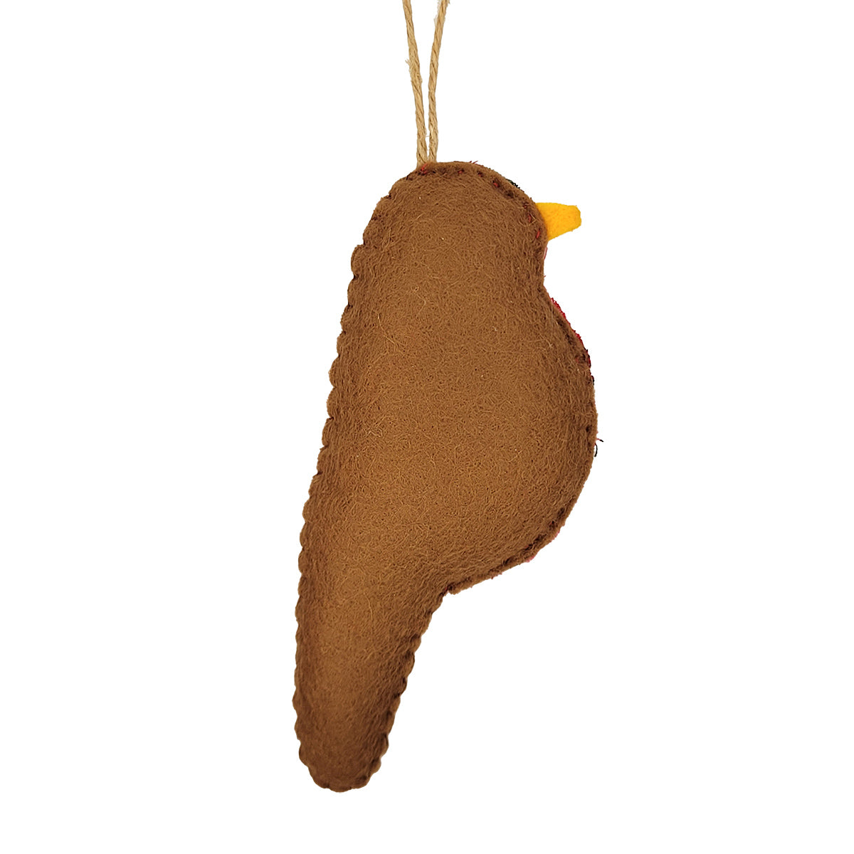 A brown felt bird ornament with a small yellow beak and a hanging twine string, shown against a plain white background.