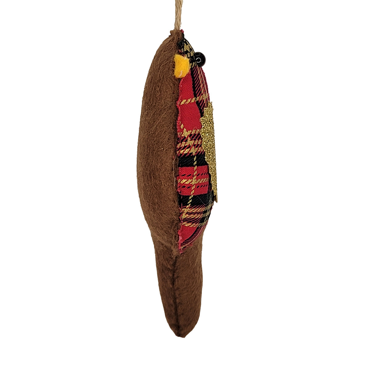 A brown plush hanging ornament shaped like a Robin, with a red, black, and gold plaid pattern on one side, a small yellow beak.