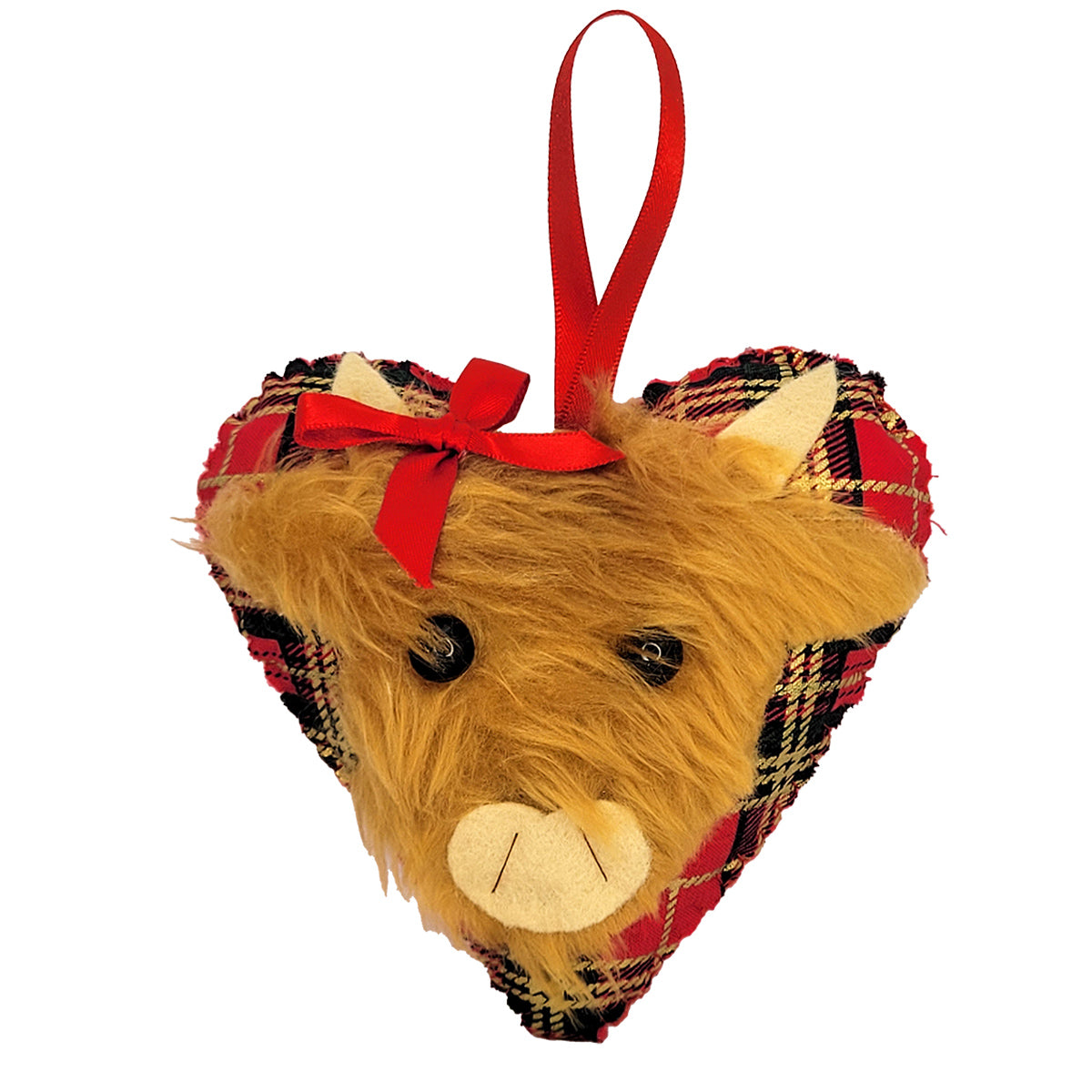 A heart-shaped Highland cow plush ornament with a red ribbon hanger, featuring golden-brown faux fur, a red and dark green plaid patterned body, and a red bow on top, set against a plain white background.