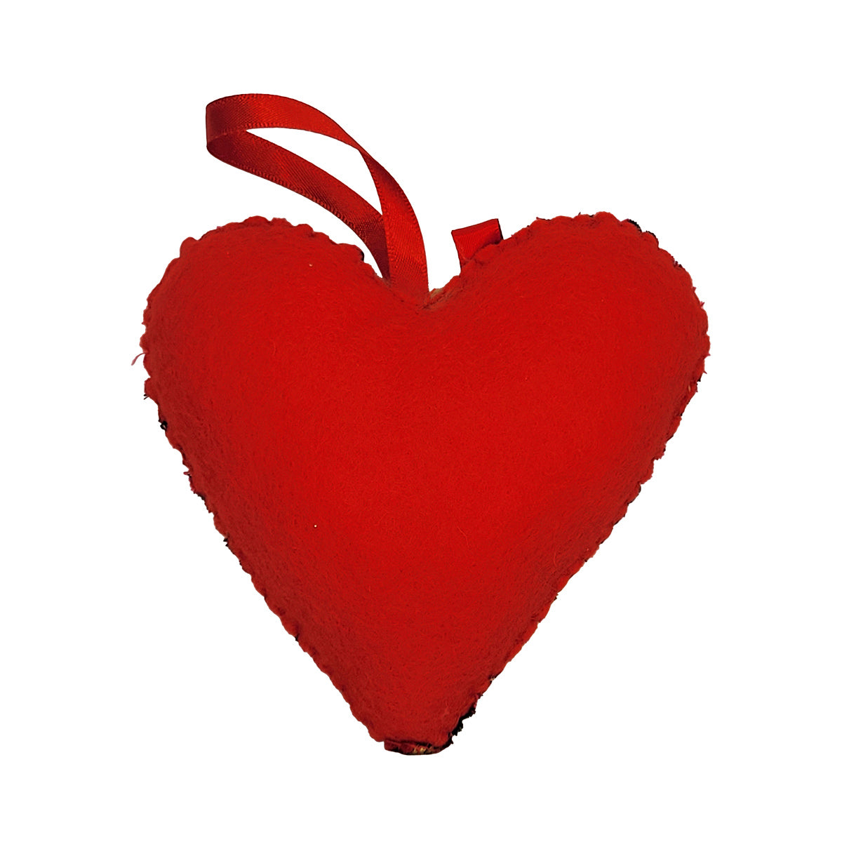 A red heart-shaped plush ornament with a matching red hanging ribbon, shown against a plain white background.