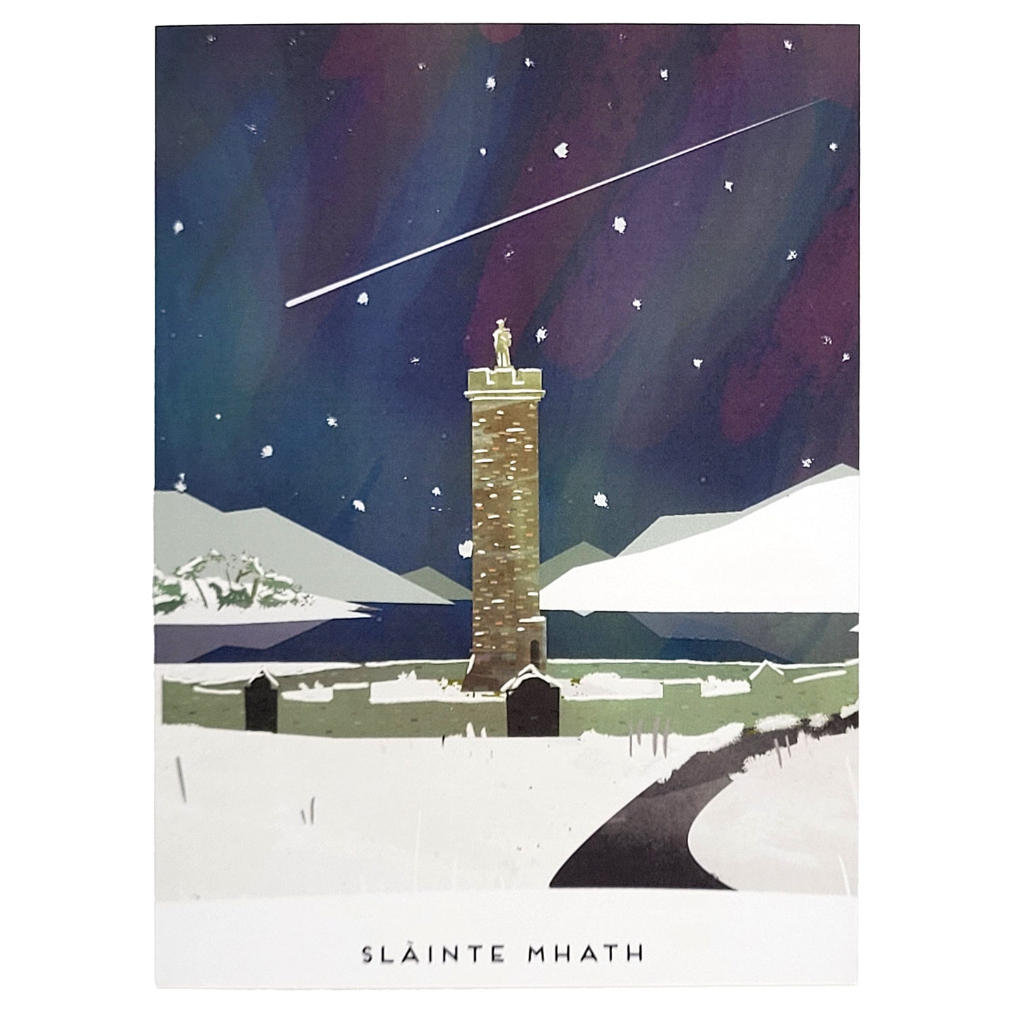 A stylized winter night art print featuring the Glenfinnan Monument in a snowy landscape under a dark starry sky with a shooting star. The text 'SLÁINTE MHATH' appears at the bottom.