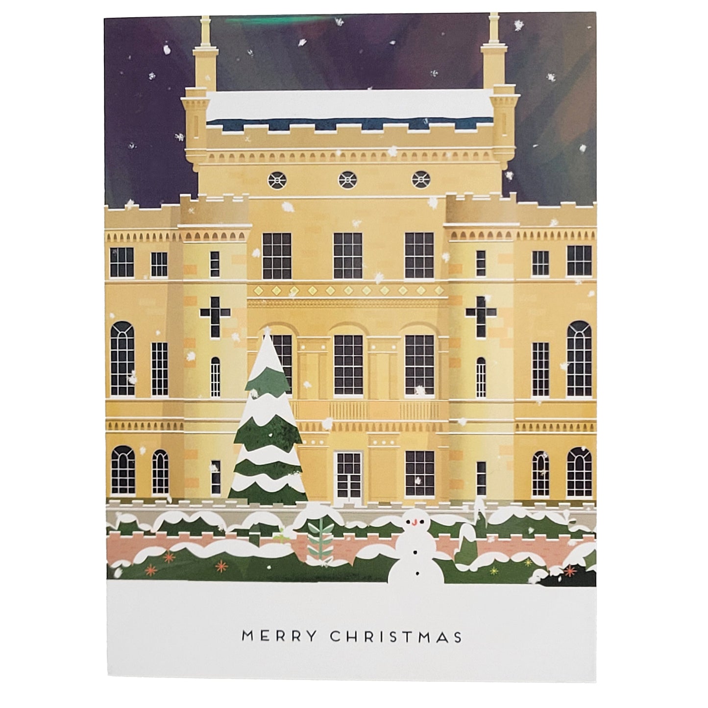 A Christmas greeting card featuring an illustration of Culzean Castle under a dark starry sky, with a snow-covered green Christmas tree, falling snow, and a snowman in the foreground. The bottom of the card has a light gray band with the text 'MERRY CHRISTMAS'.