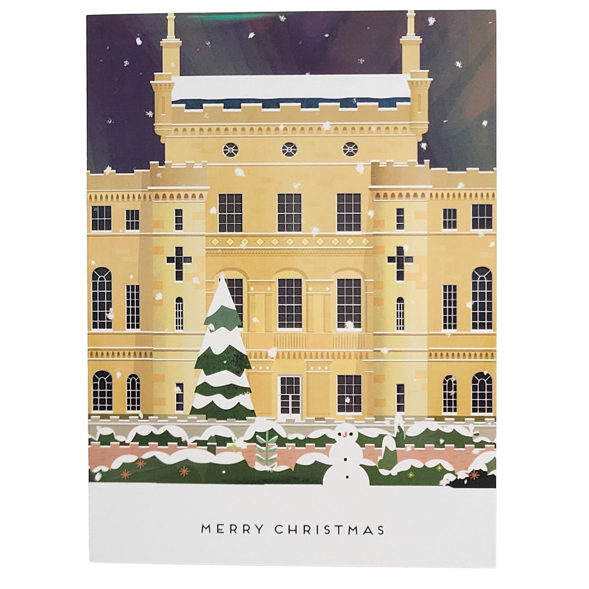 A Christmas greeting card featuring an illustration of Culzean Castle under a dark starry sky, with a snow-covered green Christmas tree, falling snow, and a snowman in the foreground. The bottom of the card has a light gray band with the text 'MERRY CHRISTMAS'.