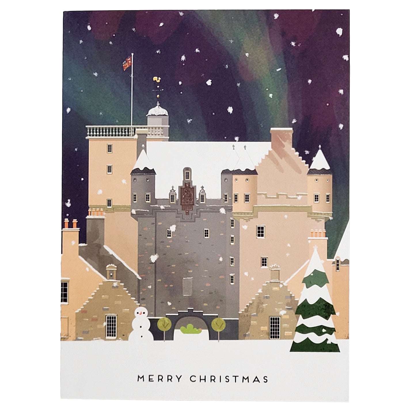 A Christmas greeting card featuring an illustration of Castle Fraser under a snowy night sky with aurora lights, snow falling, a snowman, and a Christmas tree, with the text 'MERRY CHRISTMAS' on a white band at the bottom.