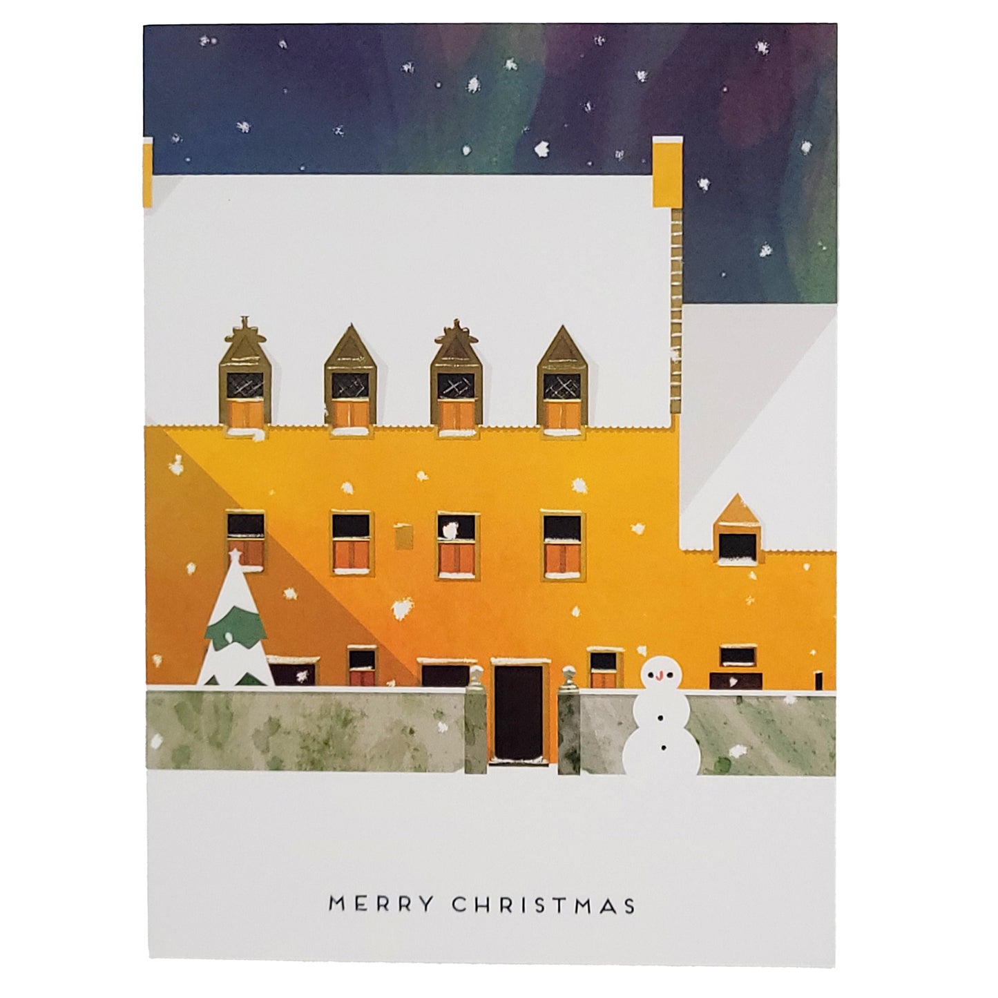 A Christmas greeting card featuring a stylized illustration of a snow-covered Culross Palace, dark blue starry sky, a small tree, and a snowman. The card reads 'MERRY CHRISTMAS' at the bottom.