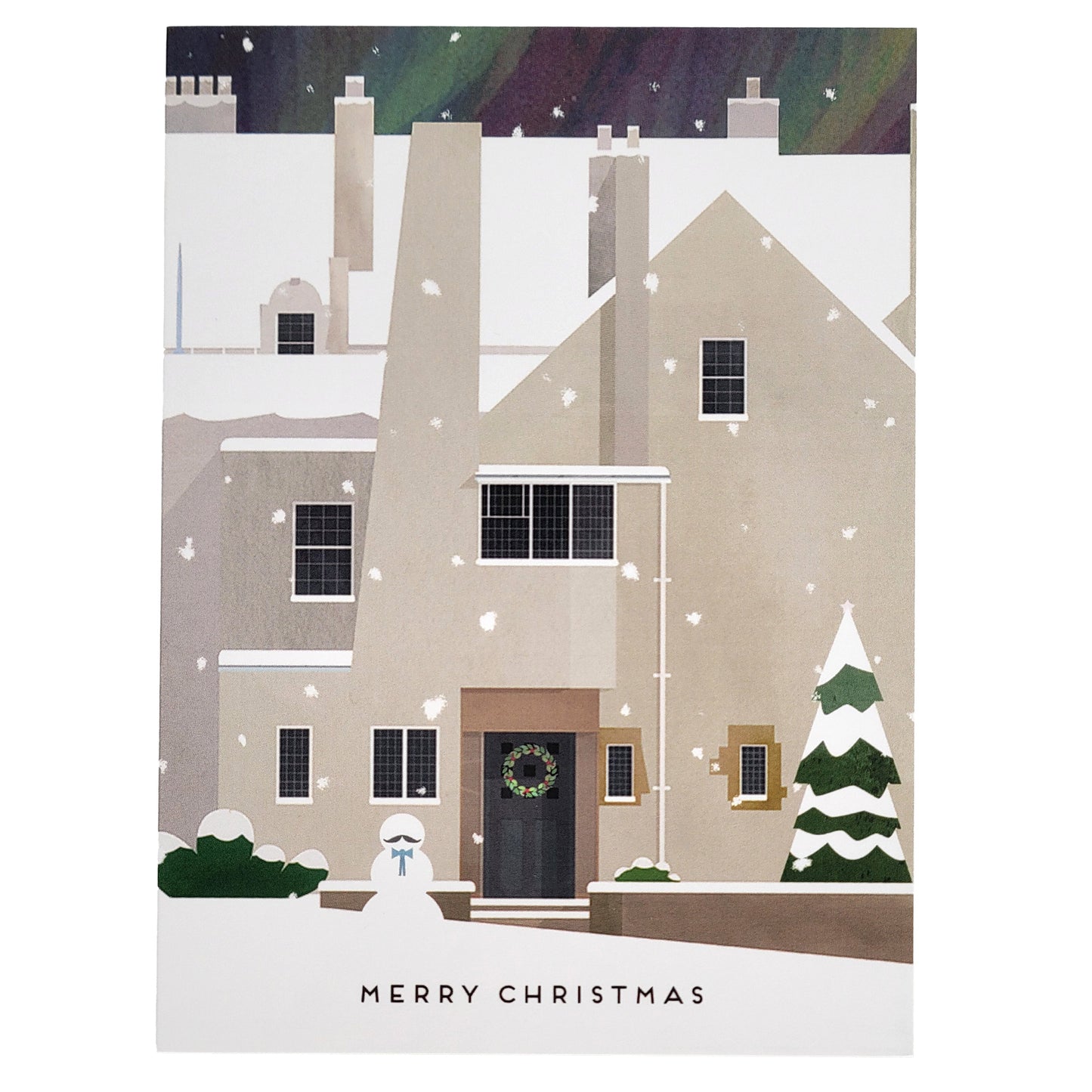 A minimalist Christmas greeting card featuring an illustration of a snow-covered 'The Hill House', a wreath on the front door, a small snowman, a snow-laden tree, and the text 'MERRY CHRISTMAS' at the bottom.