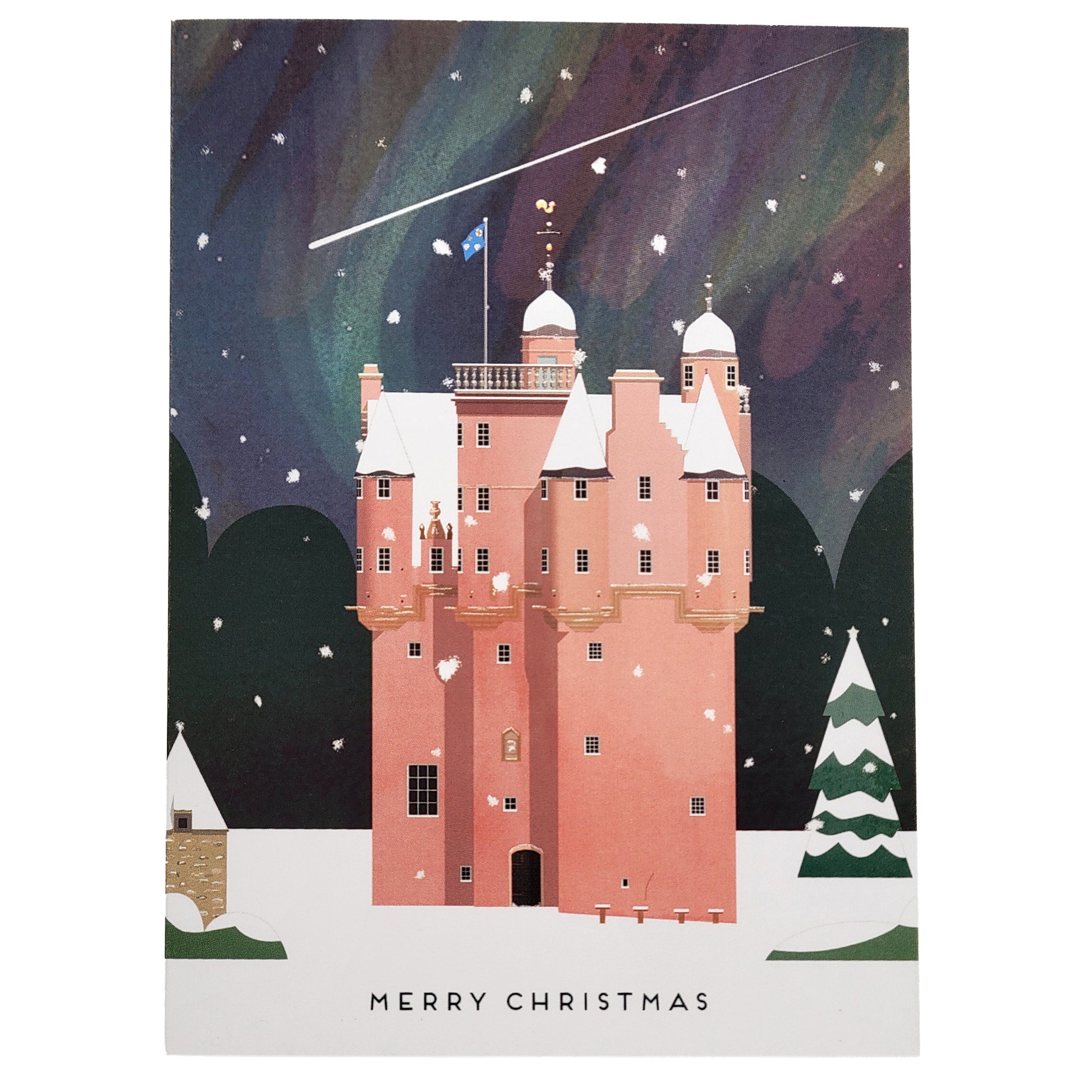 A Christmas greeting card featuring an illustration of Craigievar Castle under a snowy night sky with aurora lights, trees, falling snow, and the text 'MERRY CHRISTMAS' at the bottom.
