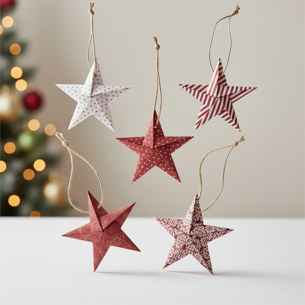 Five hanging paper star ornaments in red, white, and pink patterns, suspended by twine on a tabletop with a softly blurred Christmas tree in the background.