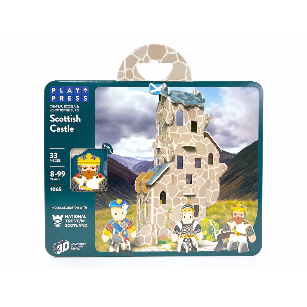 Play Press Scottish Castle cardboard building set in its original packaging, featuring a castle model and three minifigures on the front of the box.