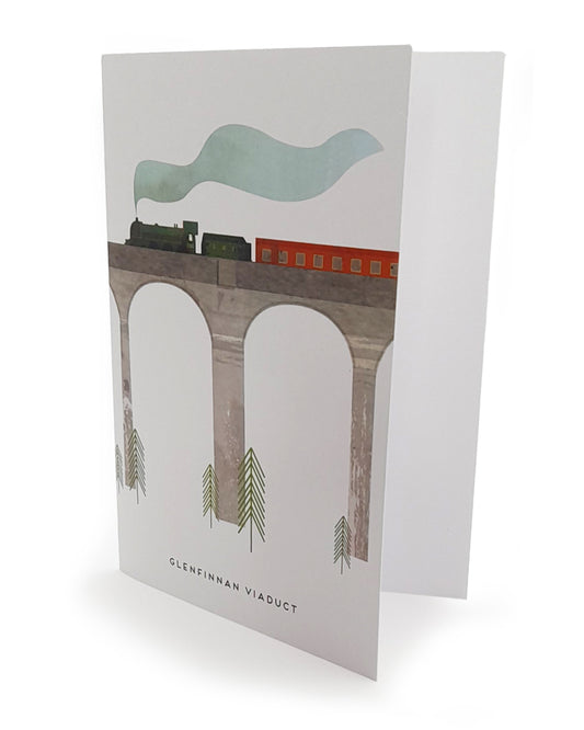 Greeting card with a steam train crossing the Glenfinnan viaduct on a white background
