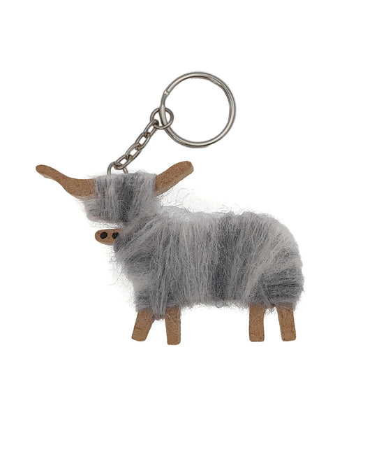 Hairy Coo Handmade Keyring with Grey Wool