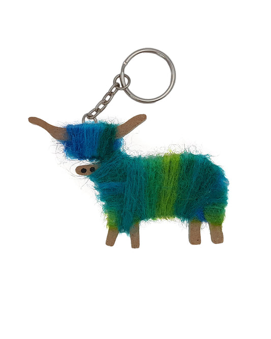 Hairy Coo Handmade Keyring with Blue Wool