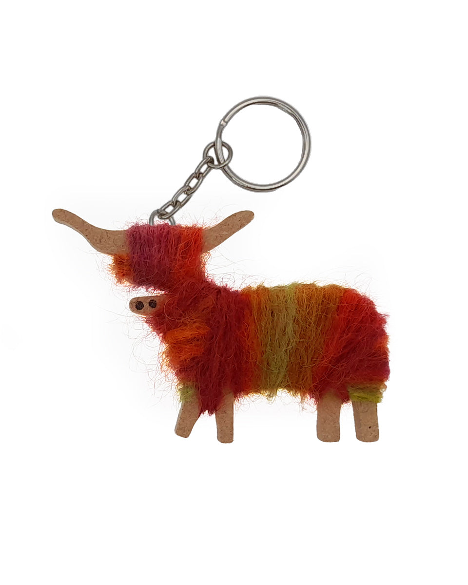 Hairy Coo Handmade Keyrings of a fluffy red and brown cow on a white background