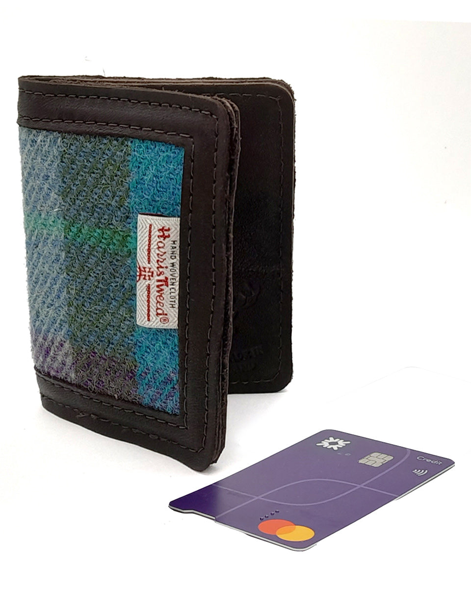 Turquoise Plaid Harris Tweed and Deerskin Leather Wallet