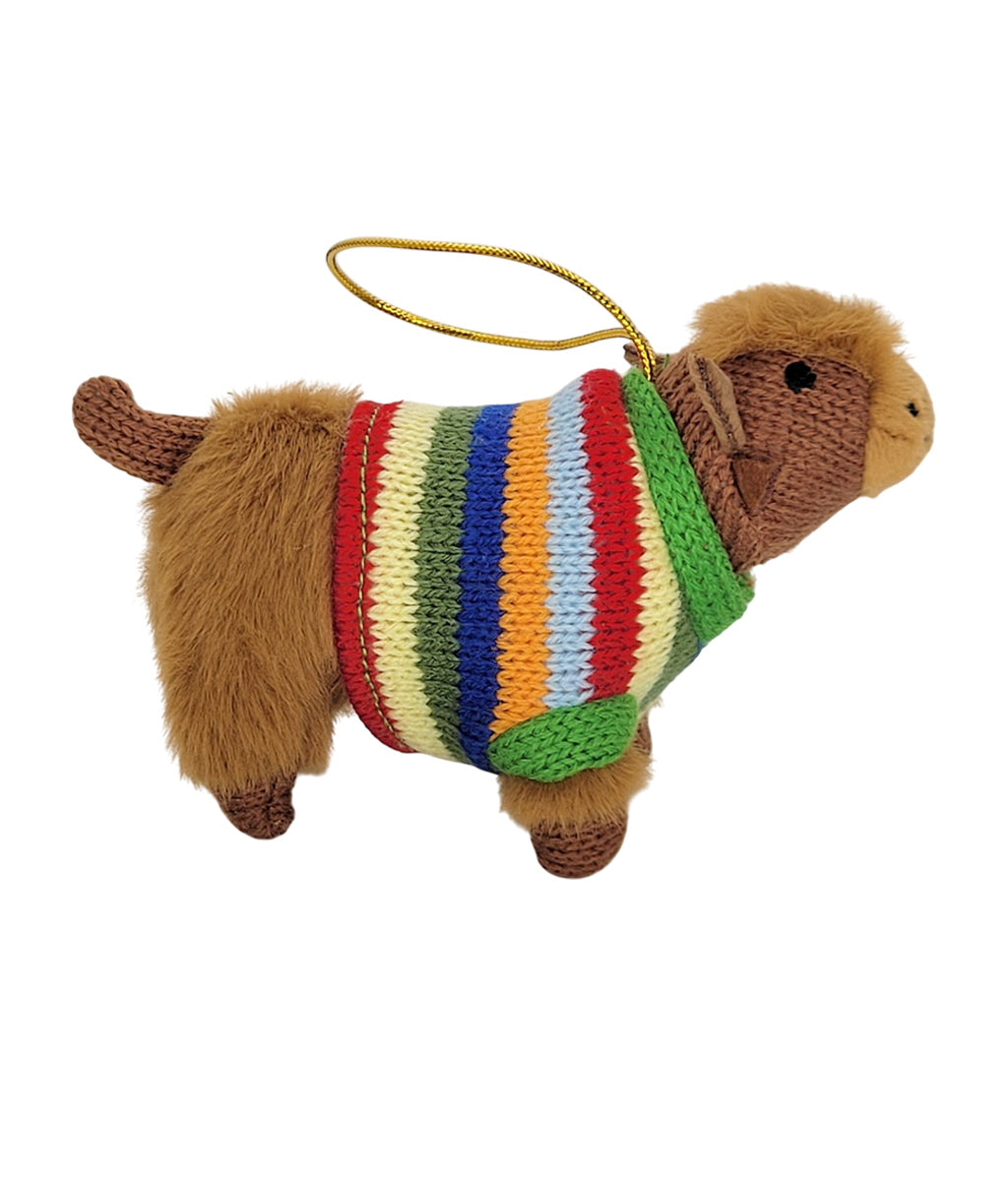 Knitted Highland Cow with striped jumper hanging decoration