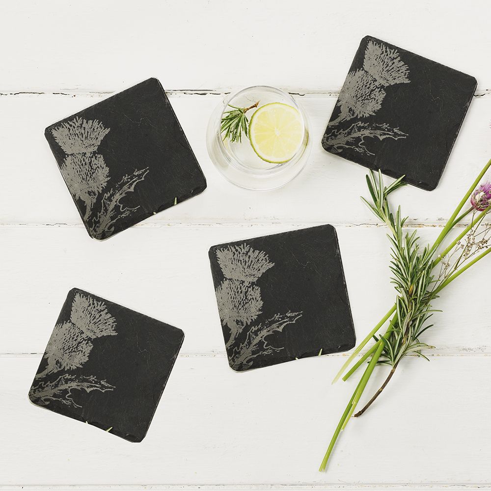 4 Slate Coasters - Thistle Design