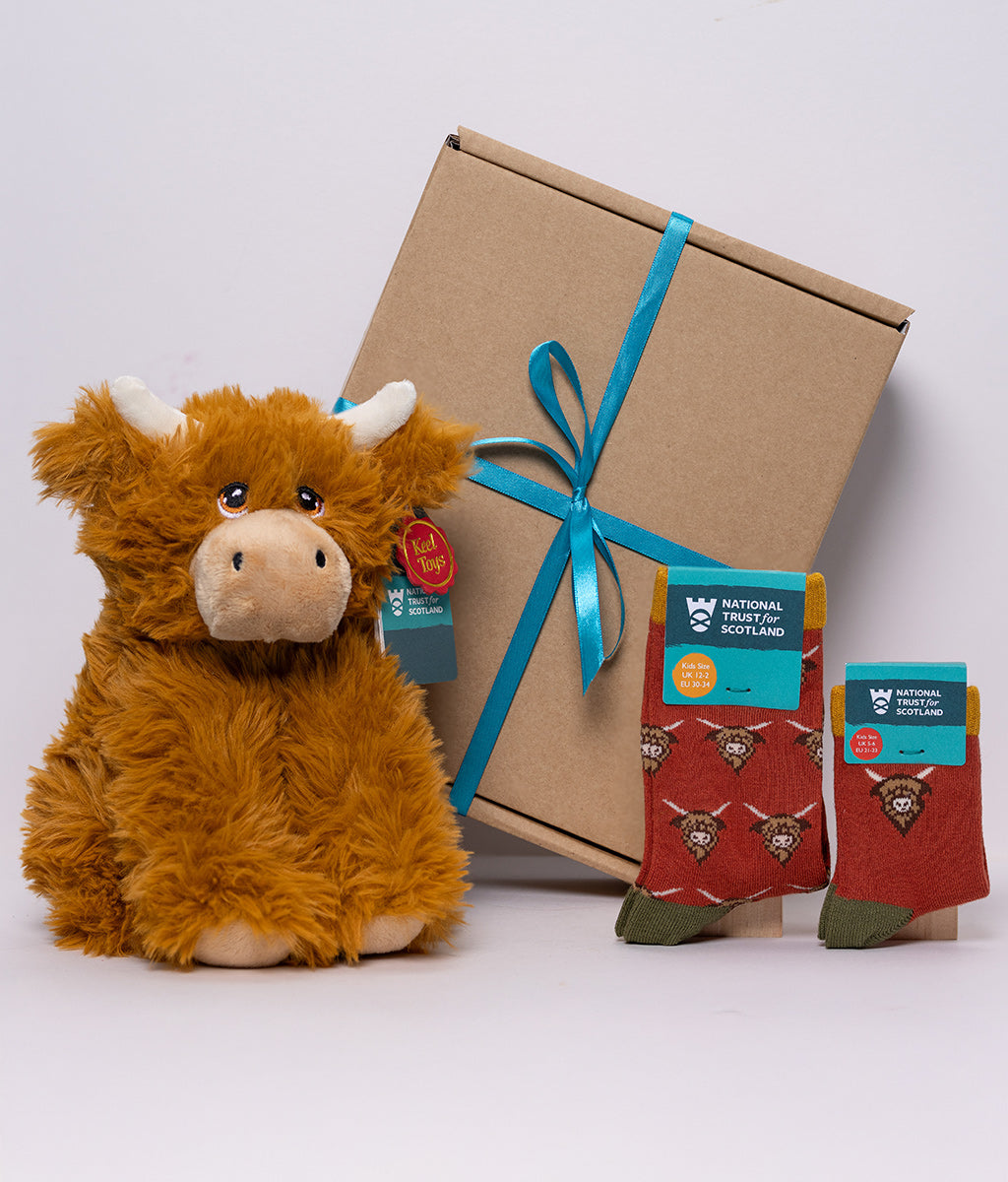 Plush Highland cow toy with a gift box and Highland cow socks on a white background