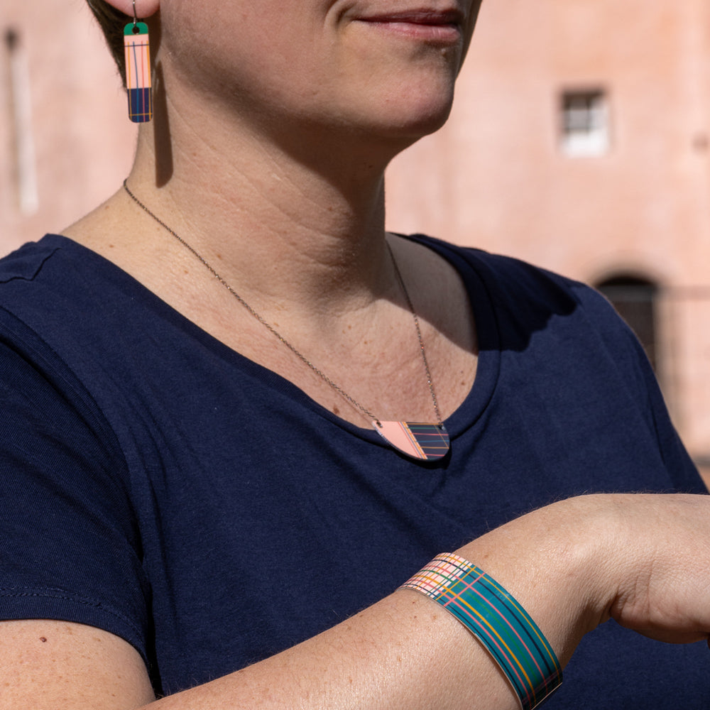 Pink Castle Inspired Tartan Cuff Bracelet & Earrings