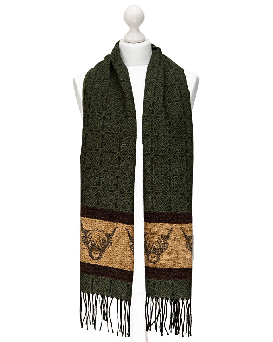 Celtic Scarf in Green with Highland Cow Design