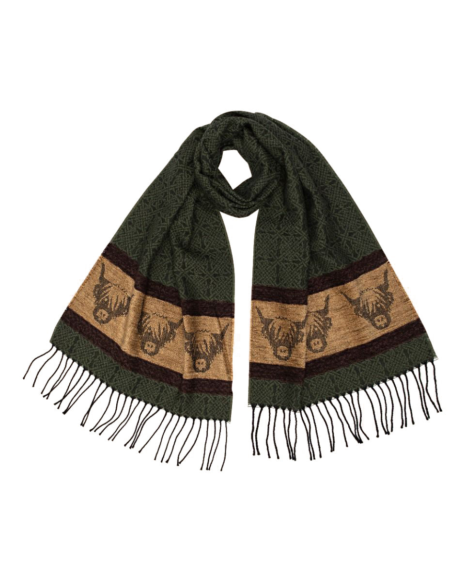 Celtic Scarf in Green with Highland Cow Design