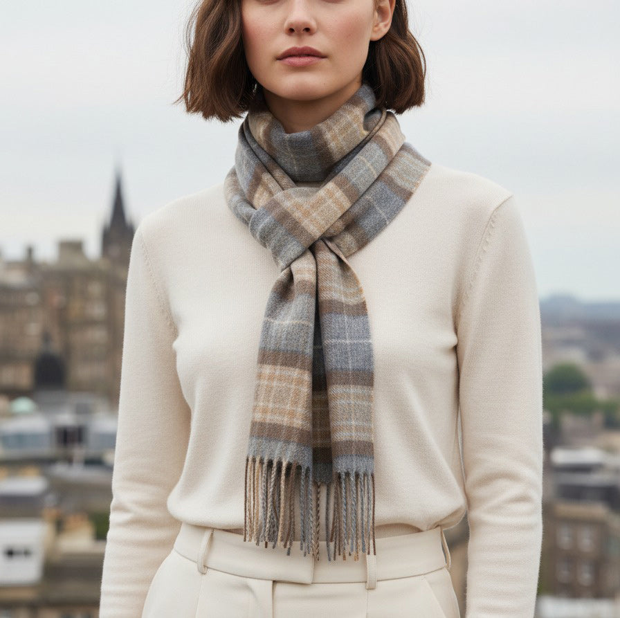 Mackellar Natural Tartan Cashmere Scarf y Johnstons of Elgin