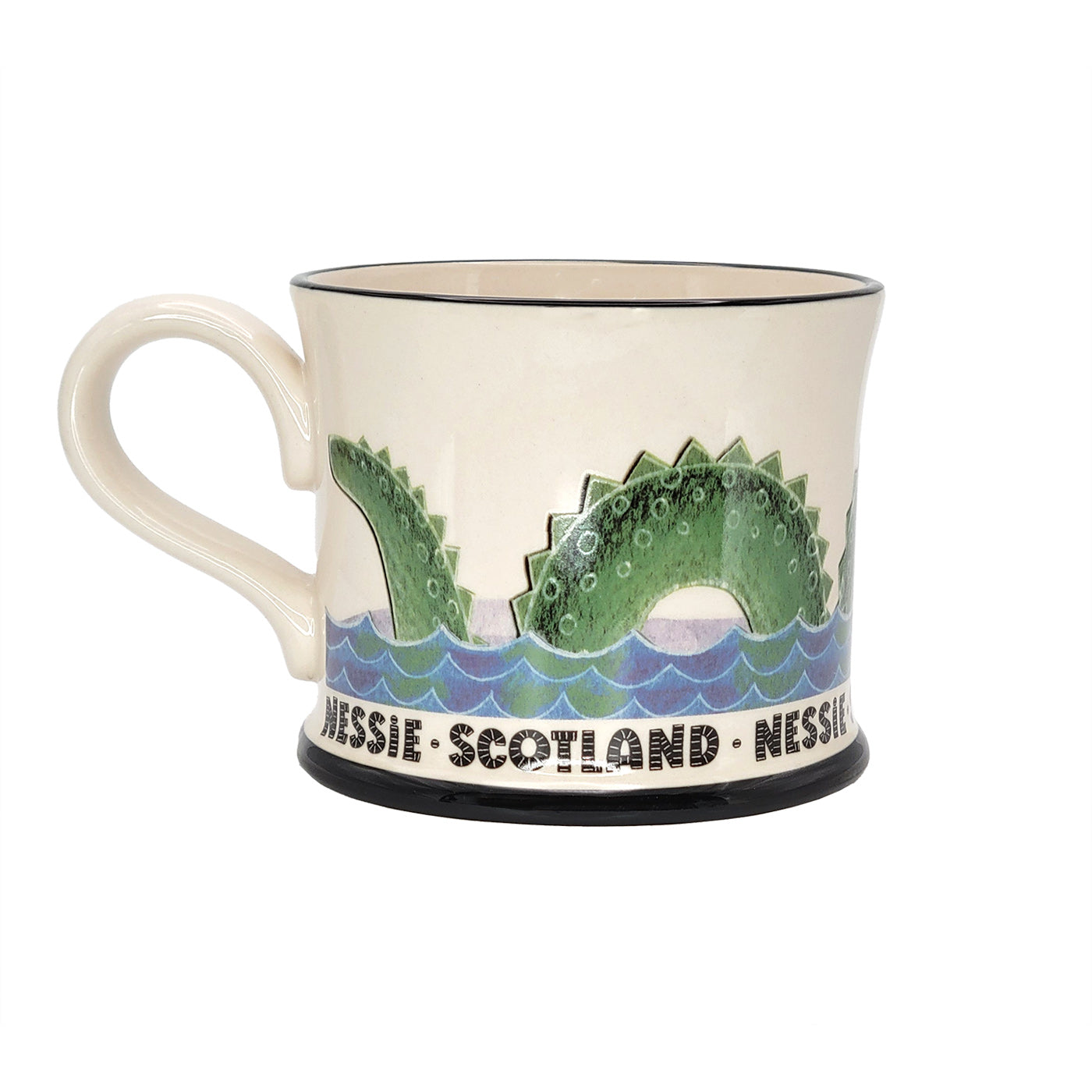 Ceramic mug with a design of a creature emerging from water, labeled 'Nessie Scotland', on a white background.